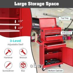 Metal Tool Cabinet Storage Box Chest With 4 Drawers Portable With Wheels RED