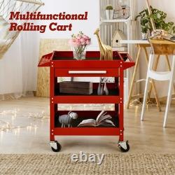 Red Tool Trolley 3 Tier Storage Rolling Cabinet with Drawer 4 Swivel Casters