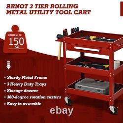 Red Tool Trolley 3 Tier Storage Rolling Cabinet with Drawer 4 Swivel Casters