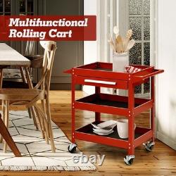 Red Tool Trolley 3 Tier Storage Rolling Cabinet with Drawer 4 Swivel Casters