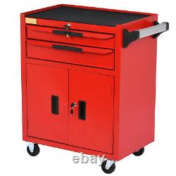 Roller Tool Cabinet Storage Chest Box 2 Drawers Roll Wheels Garage Workshop Red
