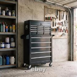 Rolling Tool Cabinet with 14 Drawers, Lockable, Black