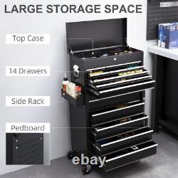 Rolling Tool Storage Chest Lockable Cabinet 14Drawers Compartment Side Pegboard