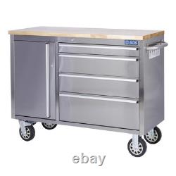 SGS 48in Stainless Steel 4 Drawer Workbench Tool Chest Cabinet Wheels & Handle
