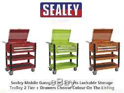 Sealey Mobile Tool/Parts Lockable Storage Trolley 2 Tier + Drawers Choose Colour