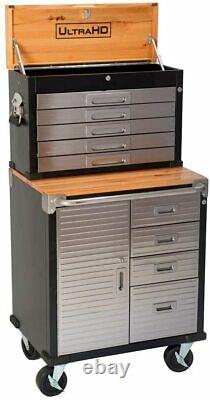 Seville Classics 9 Drawer & Cupboard Rolling Cabinet Hardwood Top Garage Storage