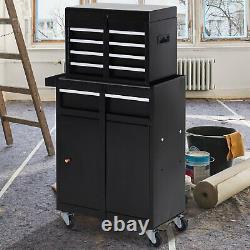 Steel 4-drawer Duo-door Rolling Large Tool Bottom Cabinet Top Chest Wheels Black
