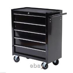 Steel 5-Drawer Tool Storage Cabinet Lockable with Wheels Handle Garage Black