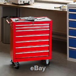 Tool cabinet cart workshop wheel trolley tray ball bearing slides 7 drawer red