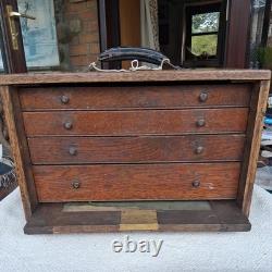 Vintage Engineers Machinist Wooden Oak 4 Drawer Tool Cabinet Chest + Key