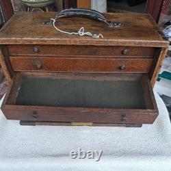 Vintage Engineers Machinist Wooden Oak 4 Drawer Tool Cabinet Chest + Key