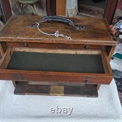 Vintage Engineers Machinist Wooden Oak 4 Drawer Tool Cabinet Chest + Key