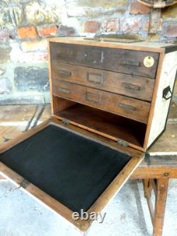 Vintage Engineers Tool Chest 3 Drawer Wooden Machinist Tool Cabinet