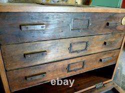 Vintage Engineers Tool Chest 3 Drawer Wooden Machinist Tool Cabinet