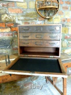 Vintage Engineers Tool Chest 3 Drawer Wooden Machinist Tool Cabinet