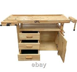 Woodworking Carpenters Bench Cabinet Heavy Duty 2 Vices 3 Drawers & Tool Storage