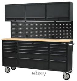72? Coffre à outils en acier, boîte de garage avec armoires supérieures, 15 tiroirs, noir mat