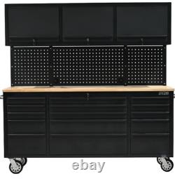 72? Coffre à outils en acier, boîte de garage avec armoires supérieures, 15 tiroirs, noir mat 72? Coffre à outils en acier, boîte de garage avec armoires supérieures, 15 tiroirs, noir mat