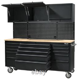 72? Coffre à outils en acier, boîte de garage avec armoires supérieures, 15 tiroirs, noir mat