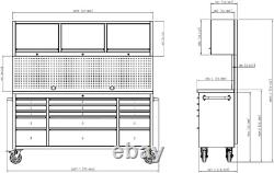 72? Coffre à outils en acier, boîte de garage avec armoires supérieures, 15 tiroirs, noir mat
