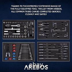 Arebos Roller Tool Armoire De Rangement 4 Tiroirs Avec Outils Garage Atelier Noir