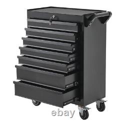 Armoire à outils Pro Tools à 7 tiroirs avec roulettes, couleur noir, coffre verrouillable pour garage et atelier.