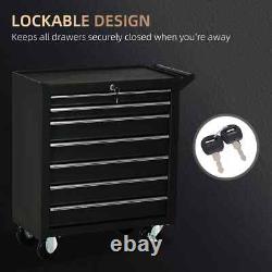 Armoire à outils à roulettes, coffre de rangement en acier, boîte noire à 7 tiroirs avec roues  <br/>