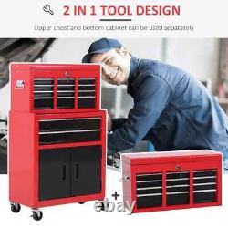 Armoire à outils autoportante 6 tiroirs avec panneau perforé et 2 portes verrouillables Rouge/Noir