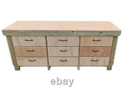 Armoire à outils d'établi en bois avec dessus en eucalyptus, table de travail de rangement industriel.