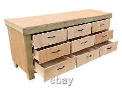 Armoire à outils d'établi en bois avec dessus en eucalyptus, table de travail de rangement industriel.
