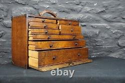 Armoire à outils en bois d'ingénieur vintage avec 8 tiroirs en chêne et serrure avec clé