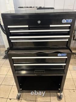 Armoire à outils noire SGS en métal avec tiroirs, verrouillable, roulettes, revêtement de tiroir