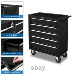 Armoire à outils noire à roulettes à 5 tiroirs, coffre de rangement pour garage et atelier<br/>
