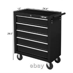 Armoire à outils noire à roulettes à 5 tiroirs, coffre de rangement pour garage et atelier	
	 
<br/>	