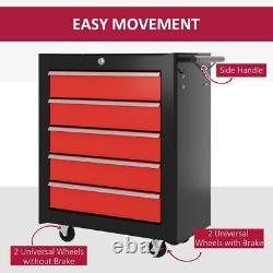 Armoire à outils roulante à 5 tiroirs en acier rouge avec roues et serrure