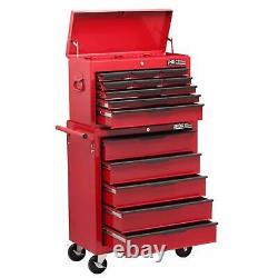 Armoire à outils roulante en acier à 14 tiroirs avec coffre supérieur rouge pour rangement de garage.