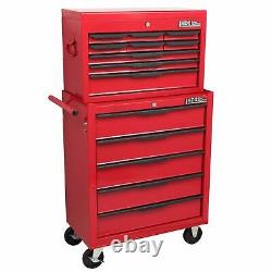 Armoire à outils roulante en acier à 14 tiroirs avec coffre supérieur rouge pour rangement de garage.