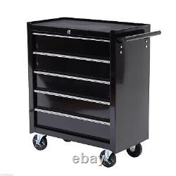 Armoire de rangement à outils en acier à 5 tiroirs verrouillable avec roues et poignée garage noire