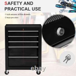 Armoire de rangement à outils en acier verrouillable à 5 tiroirs avec roulettes, poignée et 2 clés