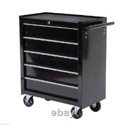 Armoire de rangement d'outils en acier à 5 tiroirs verrouillable avec poignée, roues pour garage noir