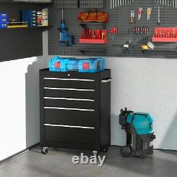 Armoire de rangement d'outils en acier verrouillable à 5 tiroirs avec roues, poignée et 2 clés noires HOMCOM