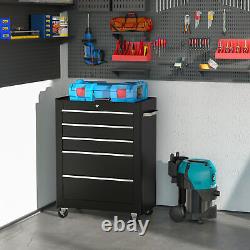 Armoire de rangement d'outils verrouillable en acier à 5 tiroirs avec poignée, roulettes et 2 clés pour garage.