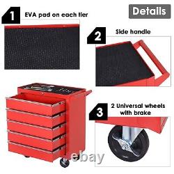 Armoire de rangement pour outils à roulettes avec 5 tiroirs pour atelier de garage, en rouge