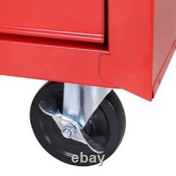 Armoire de rangement verrouillable pour outils à roulettes avec 5 tiroirs et quatre roulettes de couleur rouge.