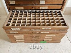 Armoire en bois avec tiroirs pour imprimeurs, boîte à outils de joaillier et tiroirs d'ingénieur.