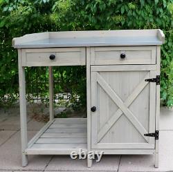 Banc de jardin en bois pour le rempotage et la plantation avec tiroirs à outils en gris