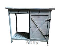 Banc de jardin en bois pour le rempotage et la plantation avec tiroirs à outils en gris