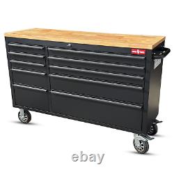 CRYTEC POWER Coffre à outils en acier inoxydable de 55 pouces avec 10 tiroirs et plateau en bois