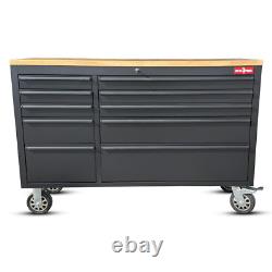 CRYTEC POWER Coffre à outils en acier inoxydable de 55 pouces avec 10 tiroirs et plateau en bois