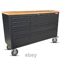 CRYTEC POWER Coffre à outils en acier inoxydable de 55 pouces avec 10 tiroirs et plateau en bois